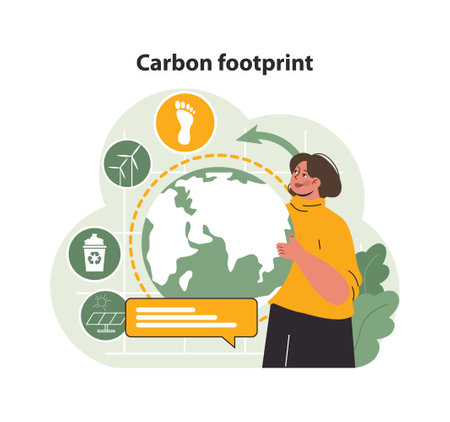 Woman evaluates global carbon footprint. Wind turbines, recycle bin, solar panel indicate eco solutions. Protecting our planets future. Flat vector illustrationのイラスト素材