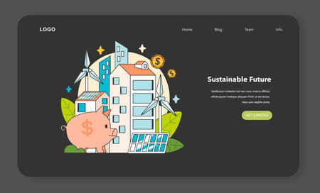 Social entrepreneurship night or dark mode web banner or landing page. Business responsibility on society and environment. Implementing solutions for sustainable development. Flat vector illustrationのイラスト素材