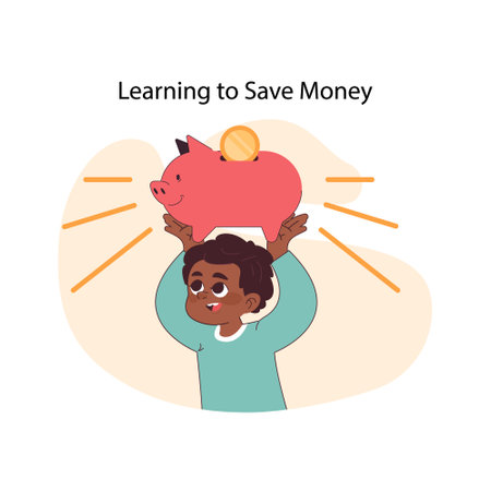 Savings Beginnings concept. A smiling child learns the value of saving money, placing a coin into a piggy bank, fostering early financial responsibility. Flat vector illustrationのイラスト素材