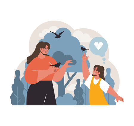 Mother and daughter sharing a joyful moment with birds in nature. Celebrating love and happiness amidst serene surroundings. Bonding, natures bliss, and childhood wonder. Flat vector illustrationのイラスト素材