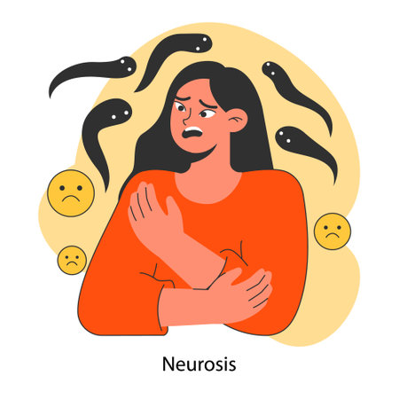 Neurosis. Chronic stress and anxiety mental disorder. Character feeling despair, suffering from panic attack. Psychotherapy and pharmacotherapy treatment. Flat vector illustrationのイラスト素材