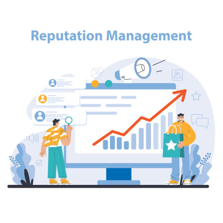 Reputation management. Building relationship with targeted audience. Customer satisfaction, experience, and engagement with a brand. Public relations strategy. Flat vector illustrationのイラスト素材