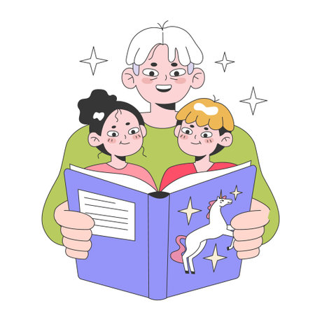 Grandfather reading a book to the grandchildren. Characters reading a fairytale. Getting old and maturing, retirement and spending time with family. Aged people experience. Flat vector illustration.のイラスト素材