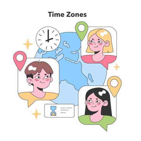 Global teammates interact across time zones, highlighted by map pins and clocks, showcasing worldwide virtual collaboration. Flat vector illustrationのイラスト素材