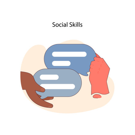Social Skills concept. Two hands engage in a handshake above message bubbles, conveying the essence of interpersonal communication and connection. Flat vector illustration.のイラスト素材