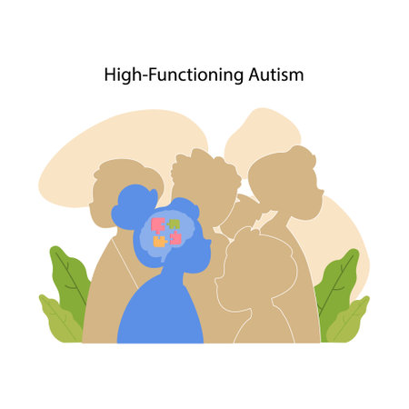 Silhouetted figures with a puzzle motif in the brain area depict the complexity and diversity of high-functioning autism. Flat vector illustrationのイラスト素材