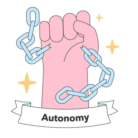Symbol of autonomy with a clenched fist breaking chains, representing the unyielding spirit of independence and self-determination. Flat vector illustrationのイラスト素材