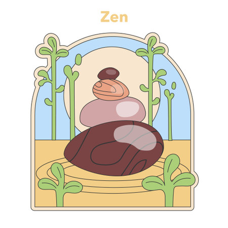 Zen meditation illustration. Balanced stones in a tranquil nature setting, reflecting simplicity and mindfulness. Flat vector illustrationのイラスト素材