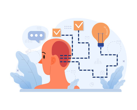 Divergent thinking concept. Profile of a person showcasing brainstorming process, idea generation, and strategic thought. Illuminating lightbulb, checklist, and chat bubble elements. Flat vectorのイラスト素材
