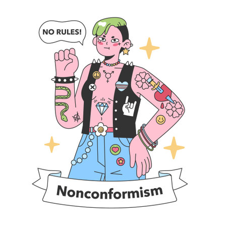 Nonconformism personified in a vibrant character, rebelling against norms with a spirited No Rules mantra. Bold defiance in colorful art. Flat vector illustration.のイラスト素材