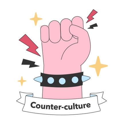 Iconic raised fist symbolizing counter-cultures strength and defiance, set against a backdrop of electric energy and resistance. Flat vector illustrationのイラスト素材