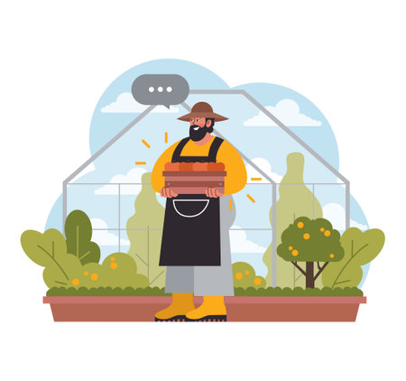 Harvest Day Delight: A proud urban farmer showcases fresh produce, with a sunlit greenhouse backdrop nurturing growth. Flat vector illustration.のイラスト素材