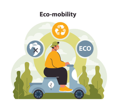 Eco-mobility concept. Man riding a sustainable scooter amid green surroundings, promoting low carbon footprint and recycling. Journey towards cleaner transport. Environment-friendly commuting.のイラスト素材