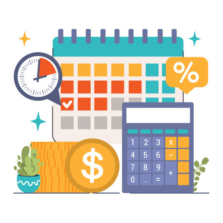 Debt Management Essentials concept. Calendar and clock signify timely payments while calculator and interest symbol denote financial planning. Flat vector illustrationのイラスト素材