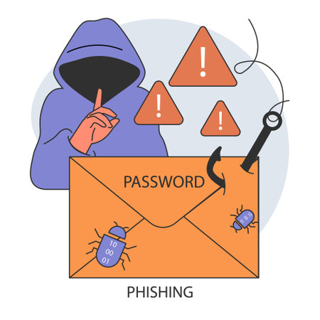 Phishing data theft technology. Cyber attack, hacker stealing personal data and money from a message, device or social network. Flat vector illustrationのイラスト素材