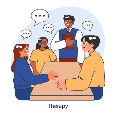 Overcoming fears strategy. A therapy session capturing a group discussion focused on problem-solving and mental wellness. Supportive counseling environment. Flat vector illustration.のイラスト素材