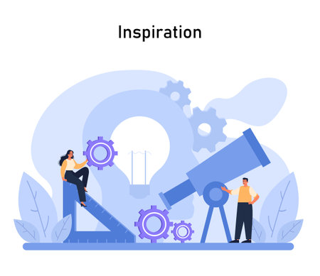 Inspiration visualization. Creatives harness bright ideas using visionary tools, setting the stage for Design Thinkings explorative phase. Flat vector illustrationのイラスト素材