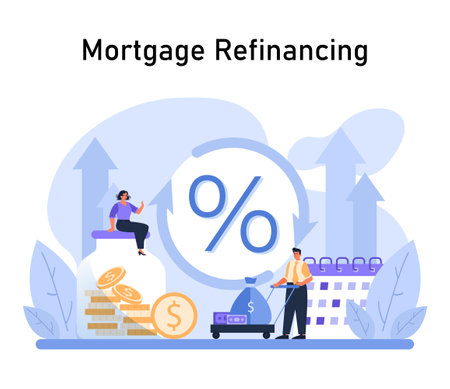 Mortgage Refinancing concept. Homeowners navigate interest rate changes, seeking better loan terms while visualizing potential savings. Smart financial move. Flat vector illustration.のイラスト素材