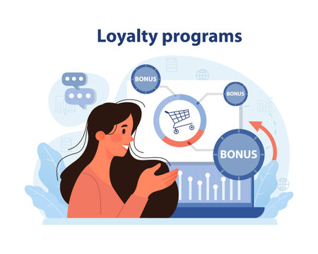 Market penetration concept. Enthusiastic woman engaging with loyalty programs on her smartphone. Earning bonuses. Strengthening customer retention. Boosting sales. Flat vector illustration.のイラスト素材