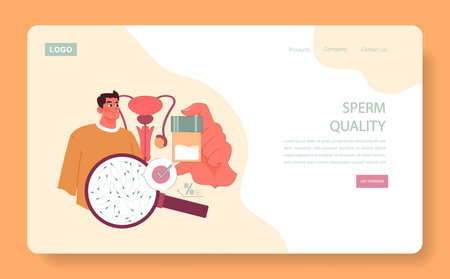 Sperm Quality concept. A confident man stands next to a magnified sperm analysis, showcasing healthy sperm cells and a test result. Male reproductive health visualized. Flat vector illustration.のイラスト素材