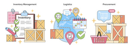 Core supply chain operations set. Detailed inventory checks, global logistics tracking, and streamlined procurement systems. Essential components for effective supply chain management.のイラスト素材