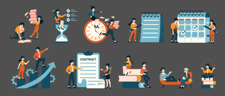 Corporate Efficiency set. Employees orchestrating time management and deadlines. Signing contracts, strategic planning, and achieving milestones. Flat vector illustration.のイラスト素材