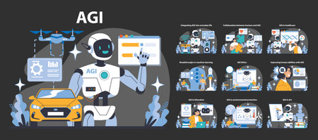AGI night or dark mode set. Futuristic AI integration in daily life, healthcare, and education. Robotic advancements transforming human interaction and abilities. Flat vector illustration.のイラスト素材