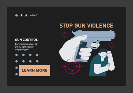Gun control dark or night mode set. Second amendment ban. Weapon regulations law movement. Firearm violence. Mass shooting in public places and school. Flat vector illustrationのイラスト素材