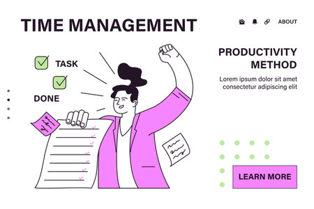 Employee efficiency web or landing. Business employee productive multitasking. Time management and work optimization. Effective goal-setting and work-life balance. Flat vector illustrationのイラスト素材