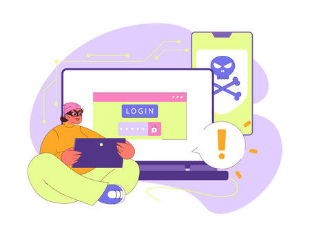 Botnet concept. An alert tech-savvy individual encounters a menacing skull on devices, symbolizing the lurking dangers of botnets. Unauthorized access. Network compromise. Flat vector illustration.のイラスト素材