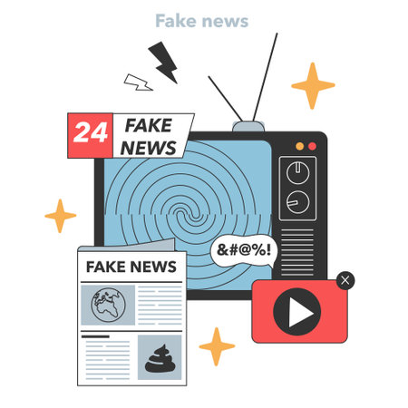 Old-fashioned television broadcasts swirling fake news, accompanied by a deceptive newspaper and misleading video icon. Flat vector illustrationのイラスト素材