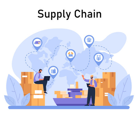 Supply Chain Dynamics concept. Global logistics network and distribution channels. Coordination of freight, warehousing, and shipping. Flat vector illustrationのイラスト素材