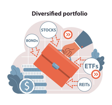 Hand curates a diverse investment mix. Emphasis on stocks, bonds, ETF, and REIT in portfolio. Smart financial strategy representation. Flat vector illustrationのイラスト素材