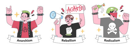 Anarchism and rebellion themed illustrations, capturing the essence of radicalism with vivid characters. Portraying spirited dissent and challenge. Flat vector illustrationのイラスト素材