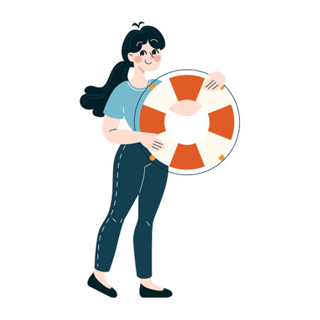 Support concept. Confident professional carrying a lifebuoy, representing readiness to assist and ensure safety in business. Reliability, help, and support theme. Flat vector illustrationのイラスト素材