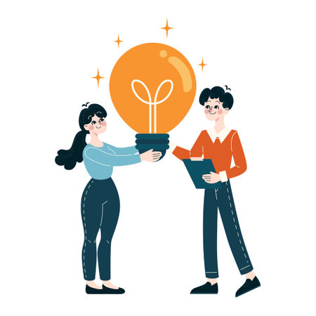 Collaboration idea concept. Two professionals holding a giant light bulb, symbolizing joint creativity and innovation. Teamwork, partnership, and brainstorming. Flat vector illustrationのイラスト素材