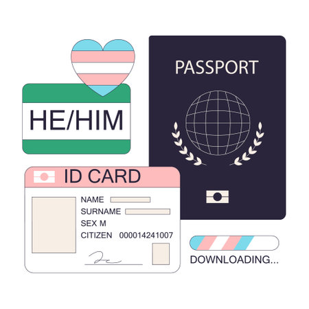 Gender transition. Gender identity affirmation. Empowerment of transgender man new ID and passport. Social transition. Trans rights and identity. Flat vector illustrationのイラスト素材