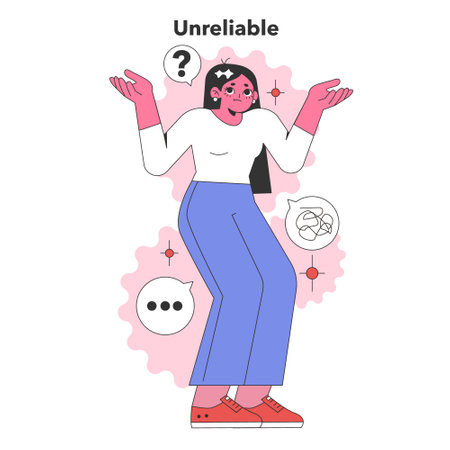 Unreliable concept. Person with shrug and question marks depicts uncertainty, broken promises...