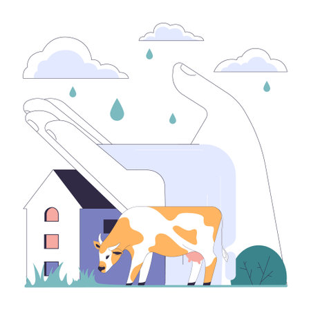 Rainwater harvesting. Sustainable practice of urban water preservation and its use in gardening and farming. Natural water cycle. Flat vector illustrationのイラスト素材