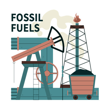 Fossil fuel. Fossil resources extraction process. Earth raw materials depletion. Oil derrick and...