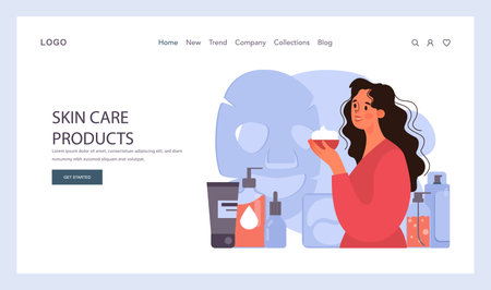 Skincare routine web banner or landing page. Facial skin cosmetic products applying and professional dermatology procedure. Cleansing and moisturizing treatment. Flat vector illustrationのイラスト素材