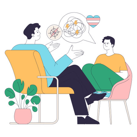 Gender transition. Gender-affirming therapy experience. Patient discusses their gender transition process with a supportive therapist. Flat vector illustrationのイラスト素材