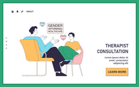 Gender transition web or landing. Gender-affirming care for transgender people. Patient discusses their gender transition with a supportive therapist. Flat vector illustrationのイラスト素材