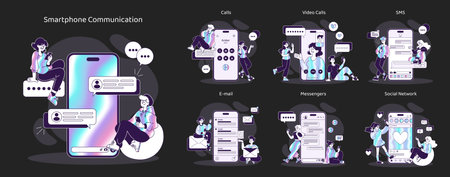 Smartphone Communication set. Modern digital interaction through diverse channels. Engage in calls, video chats, emails, instant messaging, and social media. Vector illustrationのイラスト素材