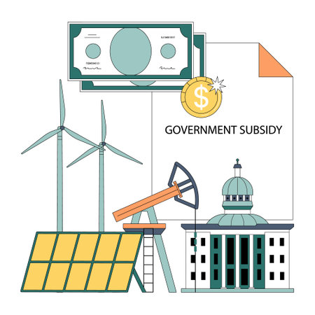 Government subsidy. Energy sectors receive financial support. State investment in renewable and traditional energy resources. Government budget strategy. Flat vector illustration.のイラスト素材