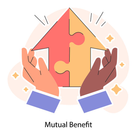 Mutual benefit. Two hands collaboratively form a puzzle arrow. Partnership success. Business partners joint benefits and obligations. Flat vector illustrationのイラスト素材