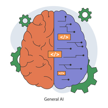 AI ethics. Human brain melds with circuitry. Evolution of Artificial general intelligence or AGI. Human and artificial cognition integration. Flat vector illustration.のイラスト素材