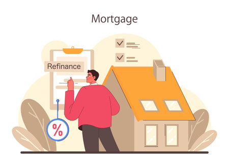 Refinance process. Loan rate reduction to lender agreements. Debt obligation with better interest rate. Housing loan, real estate mortgage. Flat vector illustrationのイラスト素材