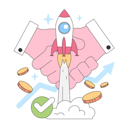 Startup Success concept. Rocket launch from a clenched fist, coins and growth arrows, signifying business growth and entrepreneurial triumph. Flat vector illustration.のイラスト素材