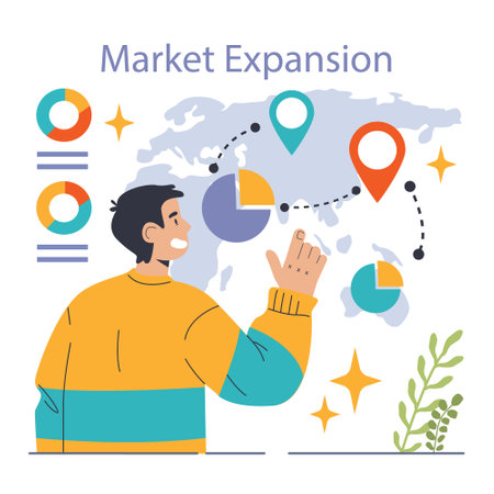 Scaling Strategy concept. Steps to successful business growth, featuring target achievement and efficiency. Business development, market reach, and cost-effective operations. Flat vector illustrationのイラスト素材